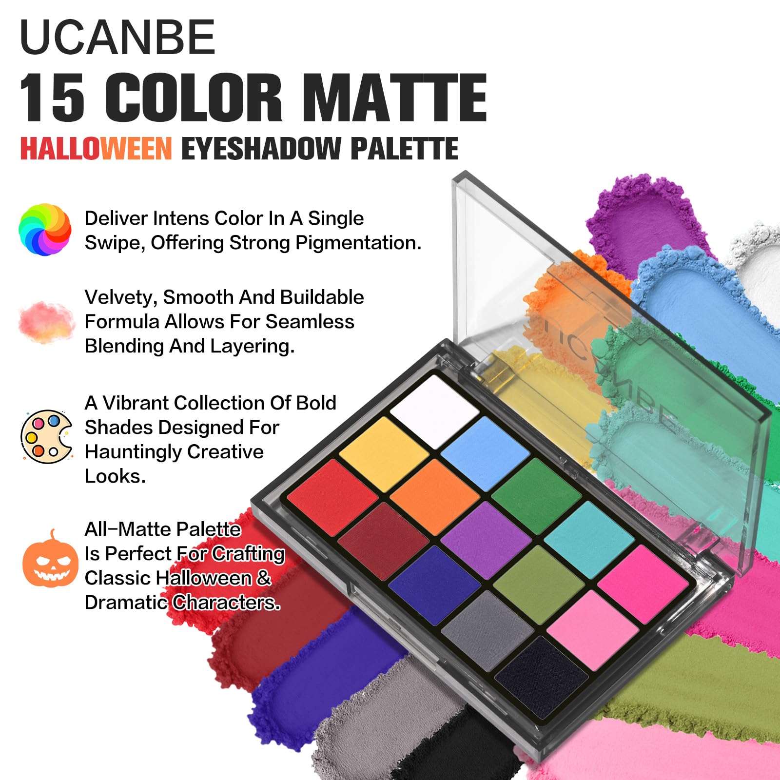 UCANBE open 15-pan layout displaying vivid matte colors for bold looks benefit
