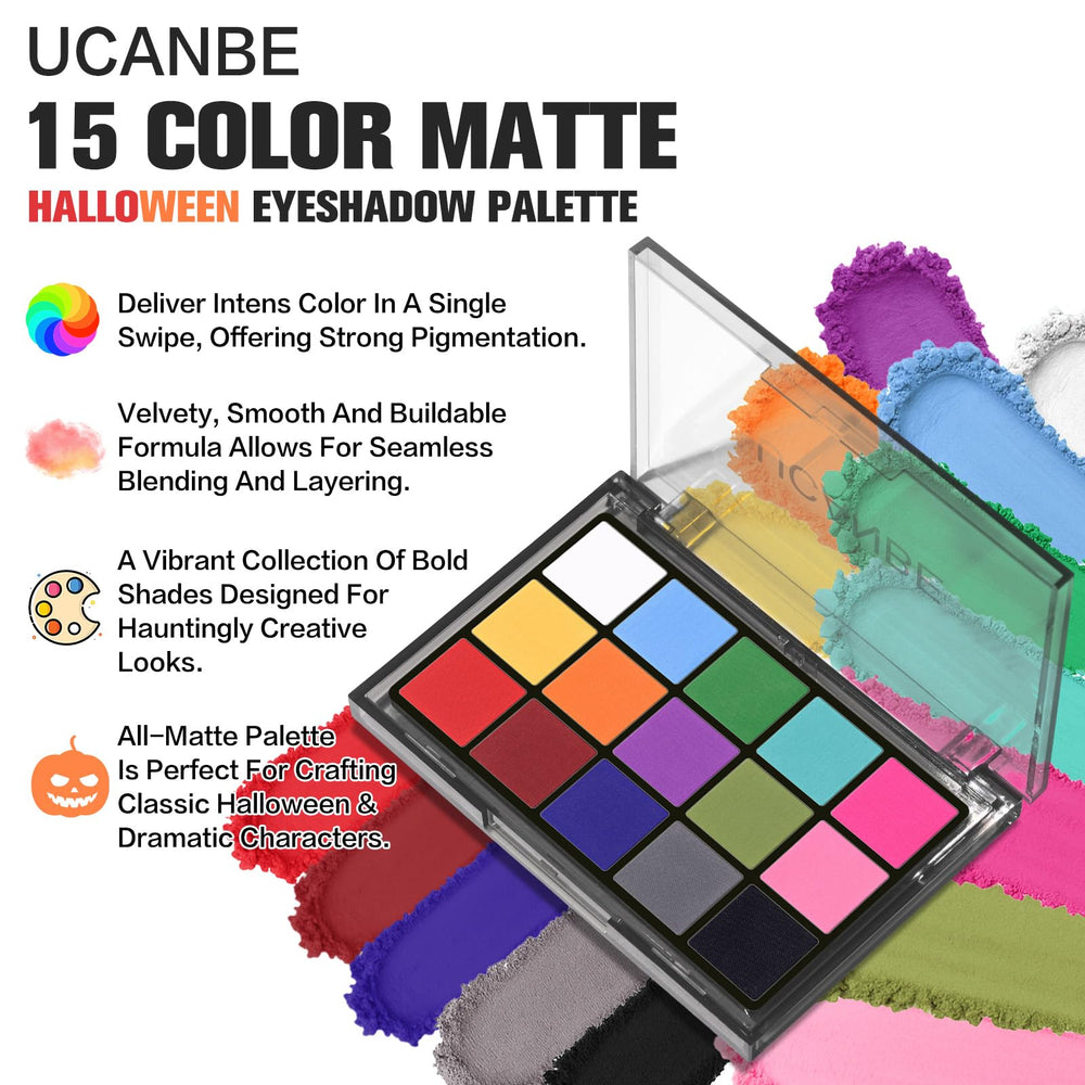 UCANBE open 15-pan layout displaying vivid matte colors for bold looks benefit