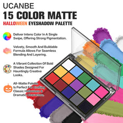 UCANBE open 15-pan layout displaying vivid matte colors for bold looks benefit