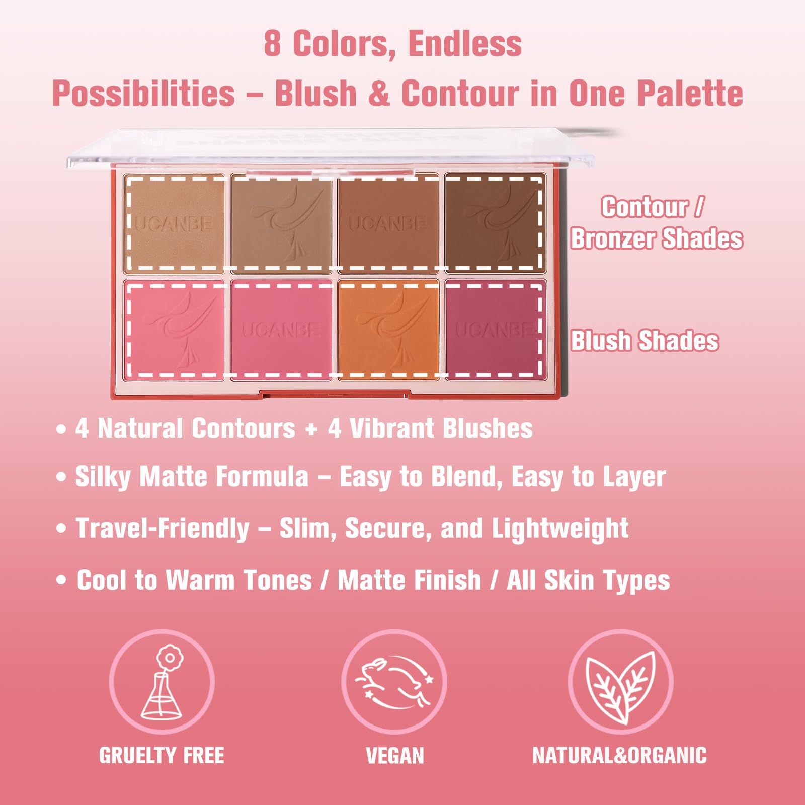UCANBE pan closeup highlighting finely milled matte powders for smooth blending