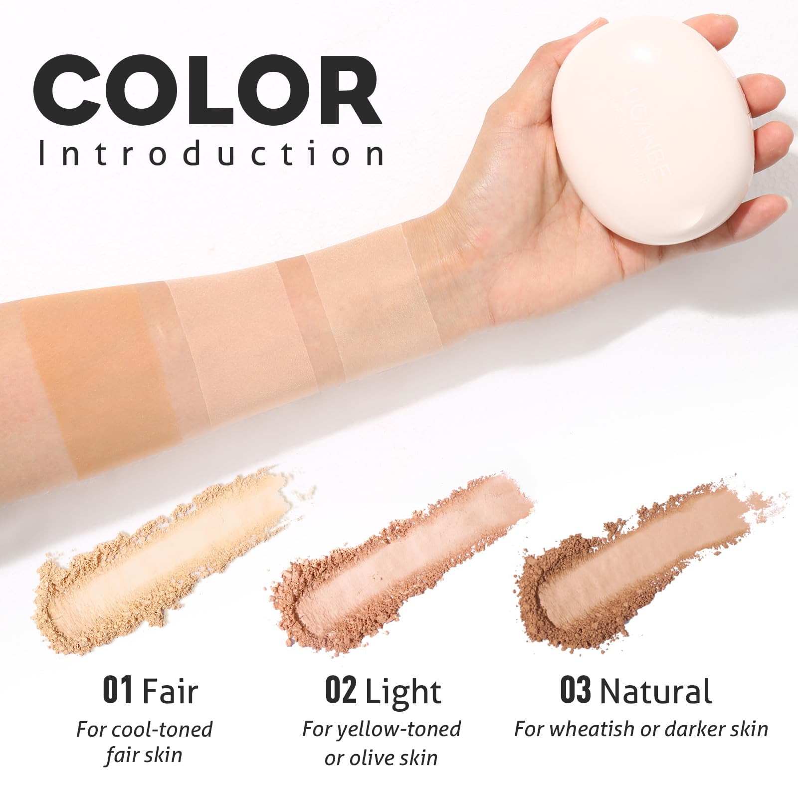 UCANBE pressed powder texture closeup demonstrating smooth matte blurring benefit