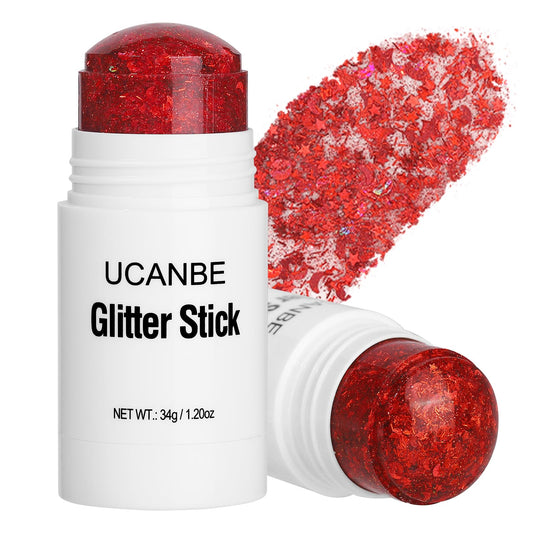 UCANBE red glitter stick front packaging shows bold red sparkle and easy use