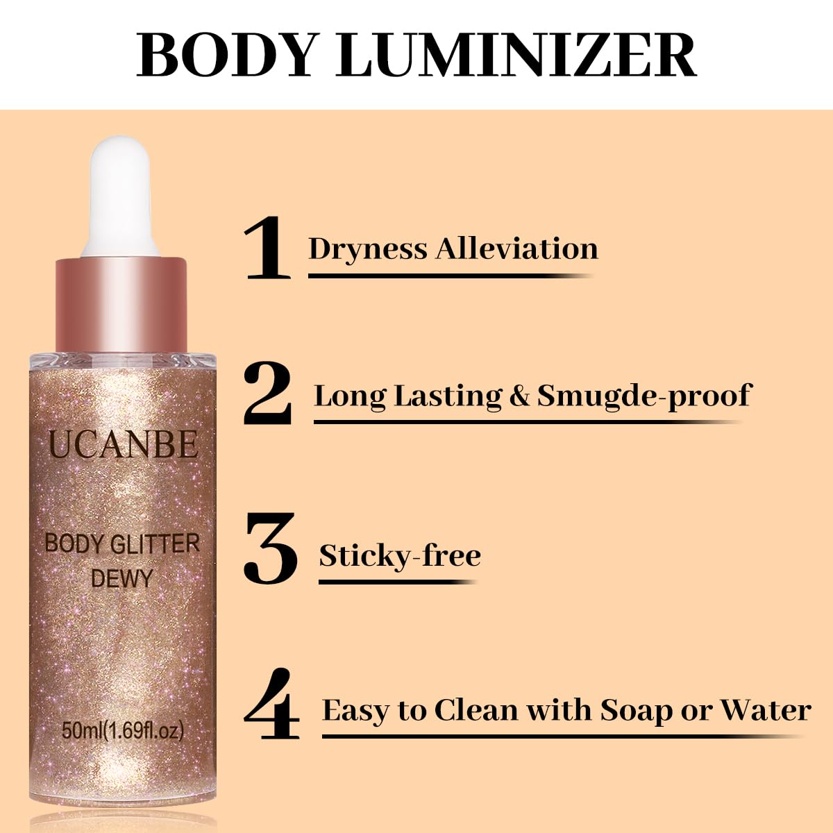 UCANBE dropper closeup dispensing shimmering drops for precise application benefit