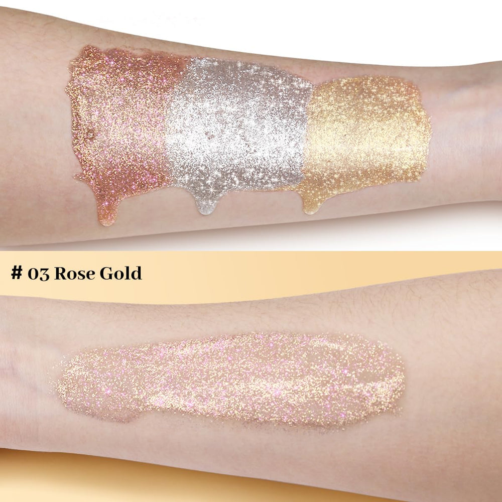 UCANBE texture swatched on skin showing liquid shimmer and dewy finish benefit