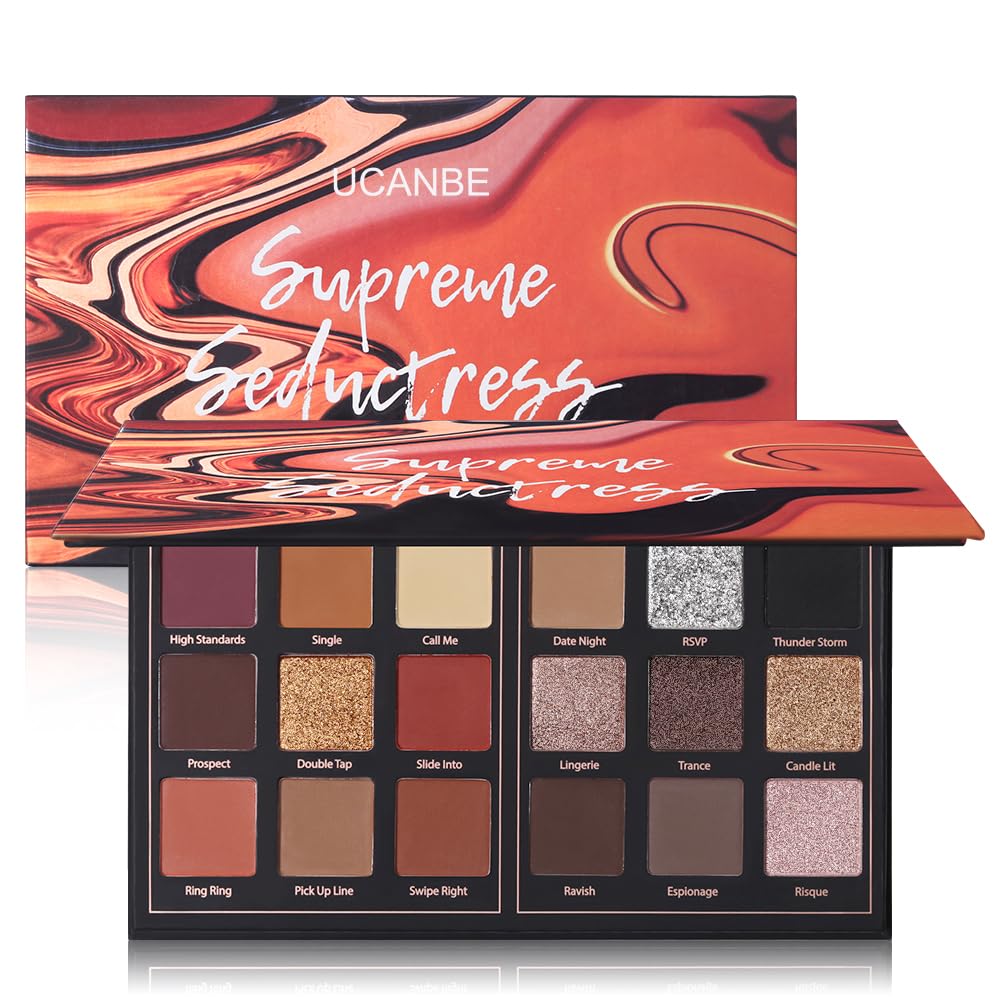 UCANBE Seductress palette front open showing 18 shades for versatile looks