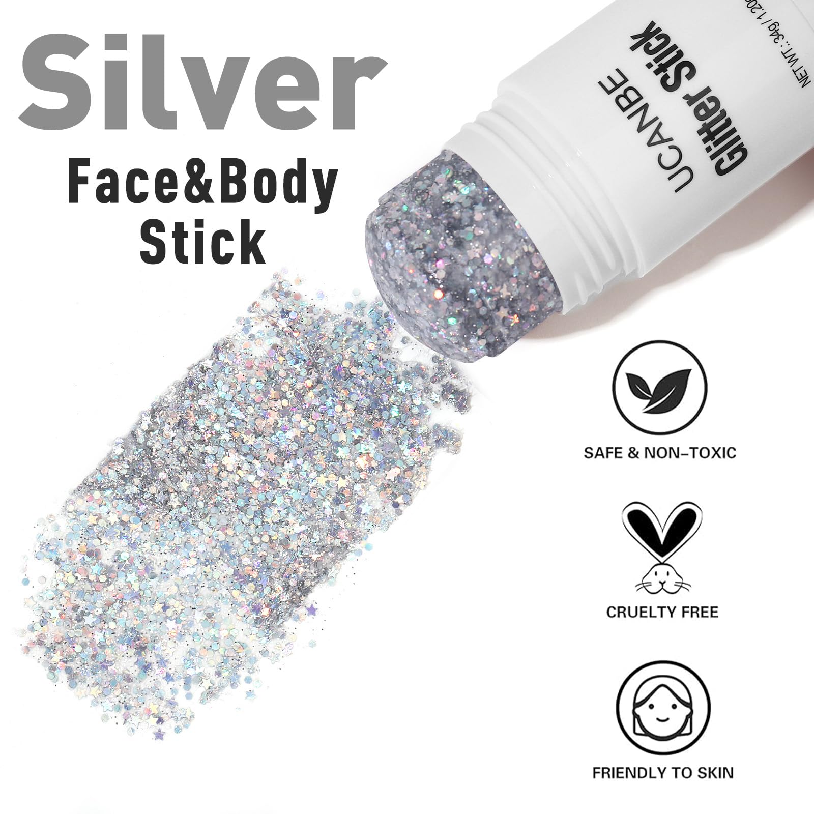 UCANBE glitter applied on cheek closeup creating reflective festival highlight