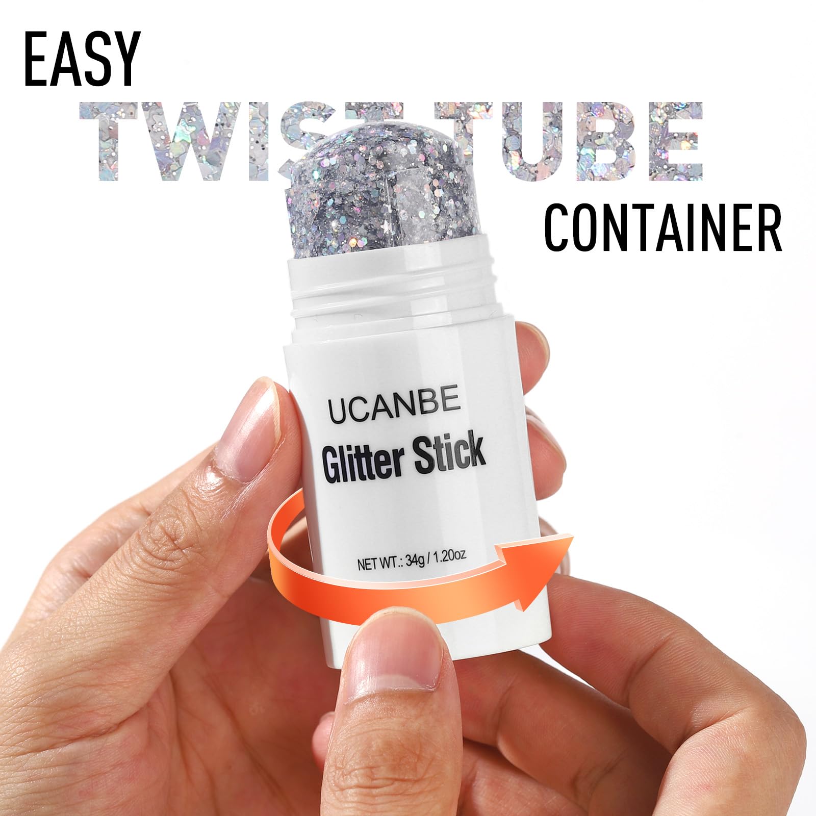 UCANBE glitter stick open tip texture revealing chunky sequins for smooth application