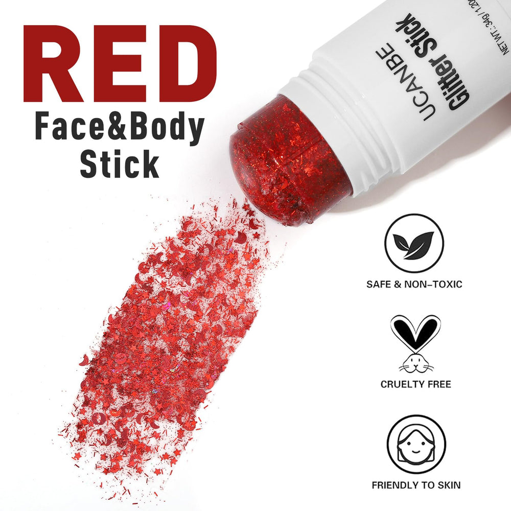UCANBE stick applied to cheek demonstrating easy glide and festival-ready glow