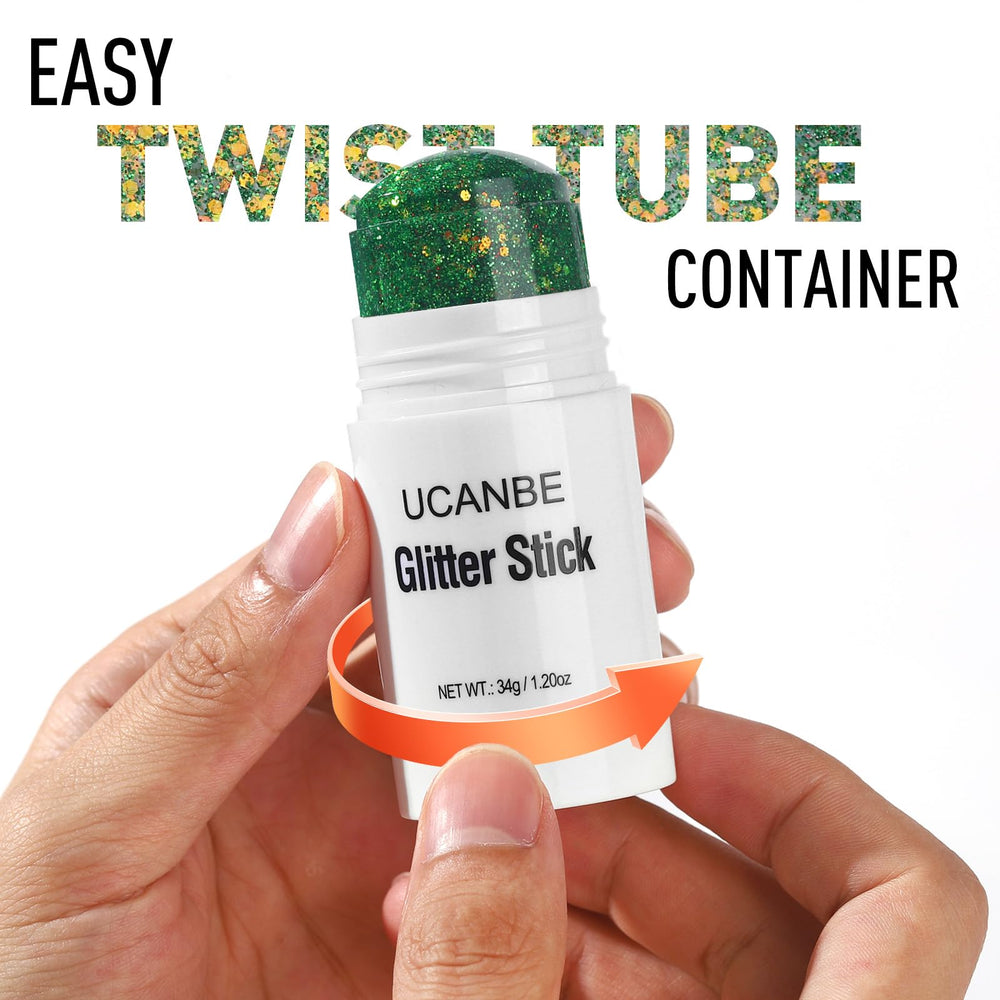 UCANBE close-up of stick tip revealing chunky glitter for precise application