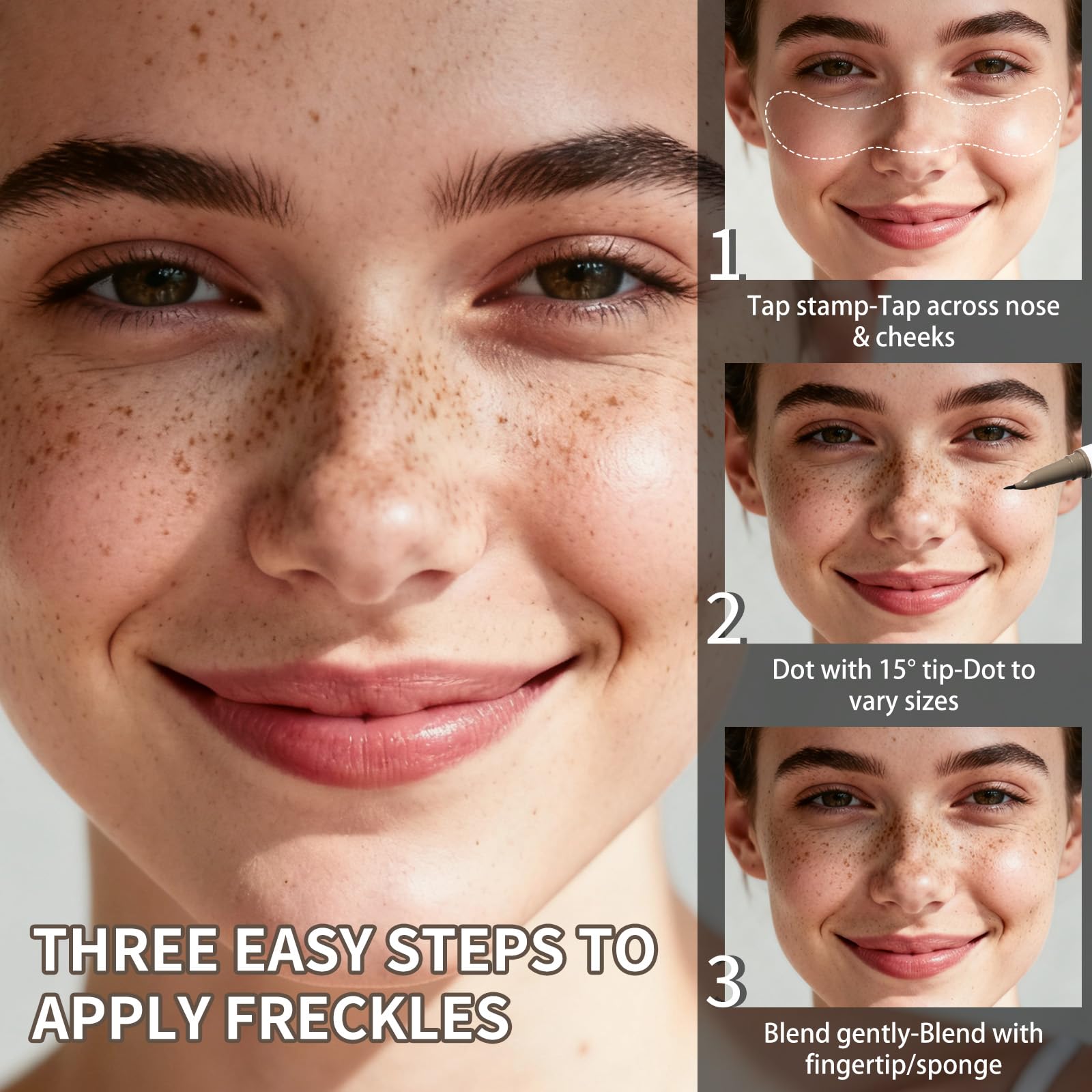 UCANBE close-up of freckle texture on skin showing blendable, natural finish