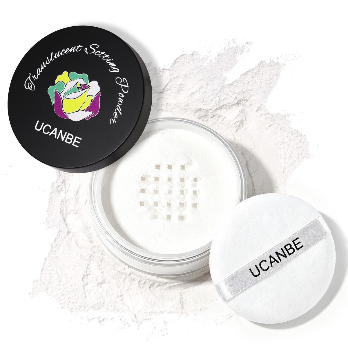 UCANBE powder front packaging showing branding and puff for quick application benefit