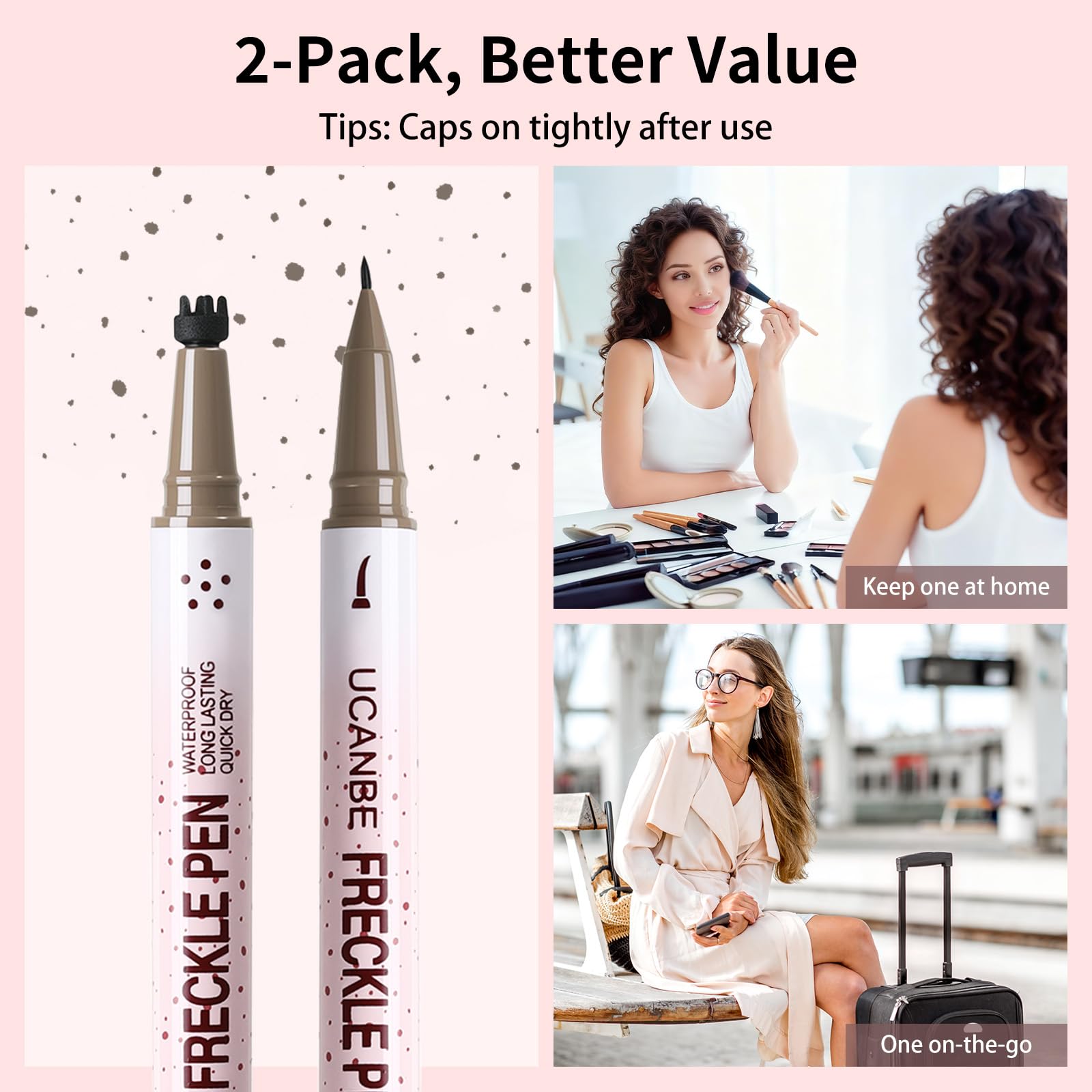 UCANBE freckle pen in makeup bag lifestyle scene for quick touch-ups