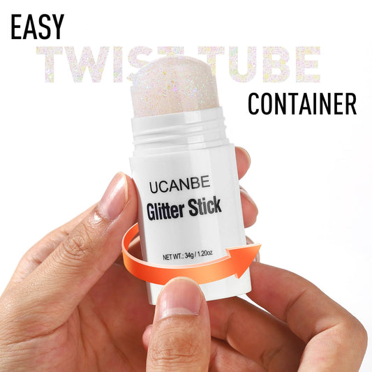 UCANBE stick with cap off showing cream-glitter texture for easy glide benefit
