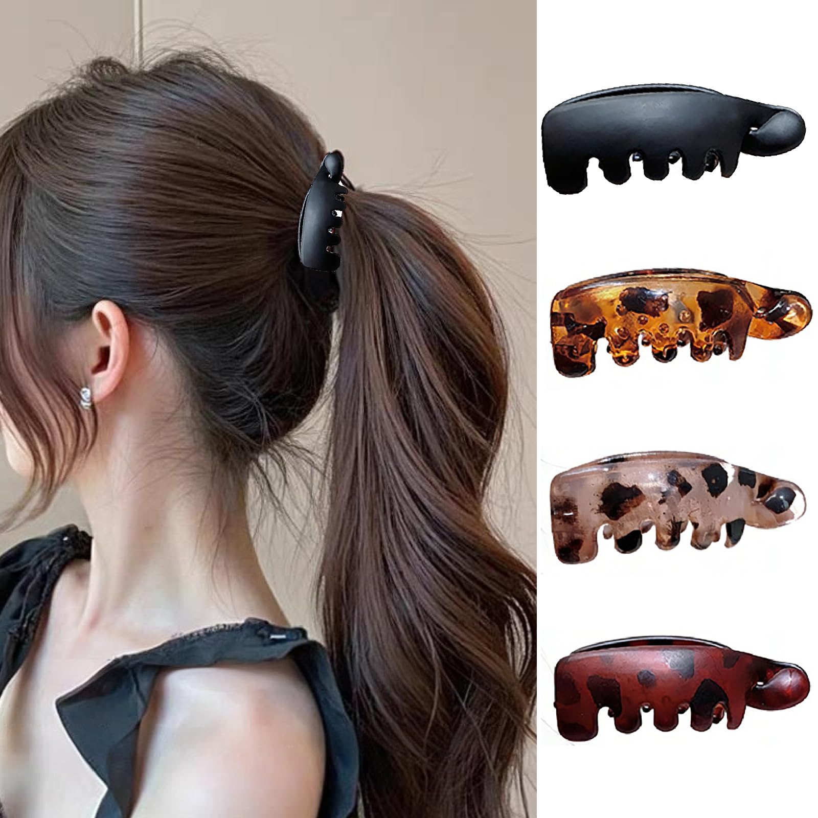 UCCASA front view of four leopard and amber small banana clips showing design and convenience