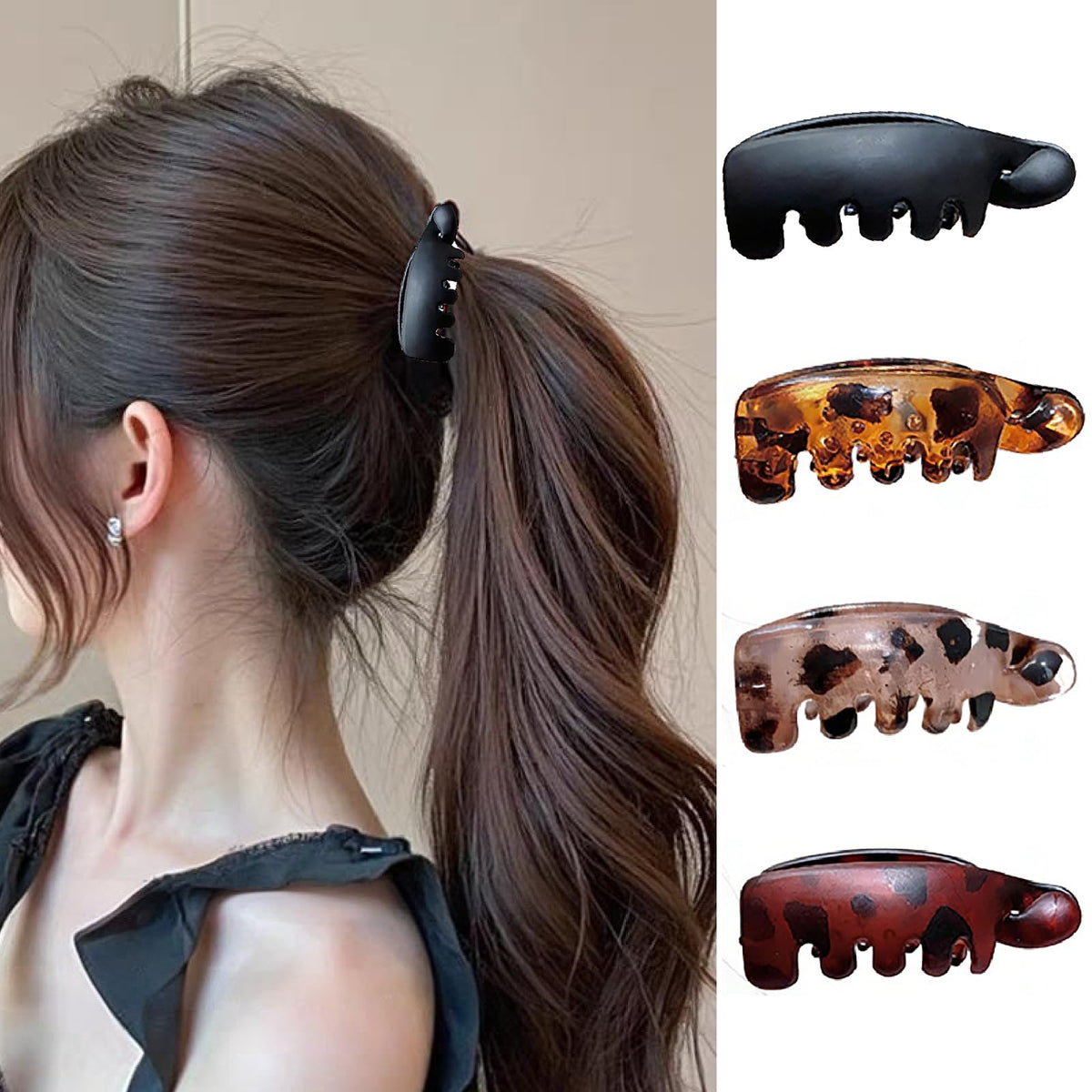 UCCASA front view of four leopard and amber small banana clips showing design and convenience