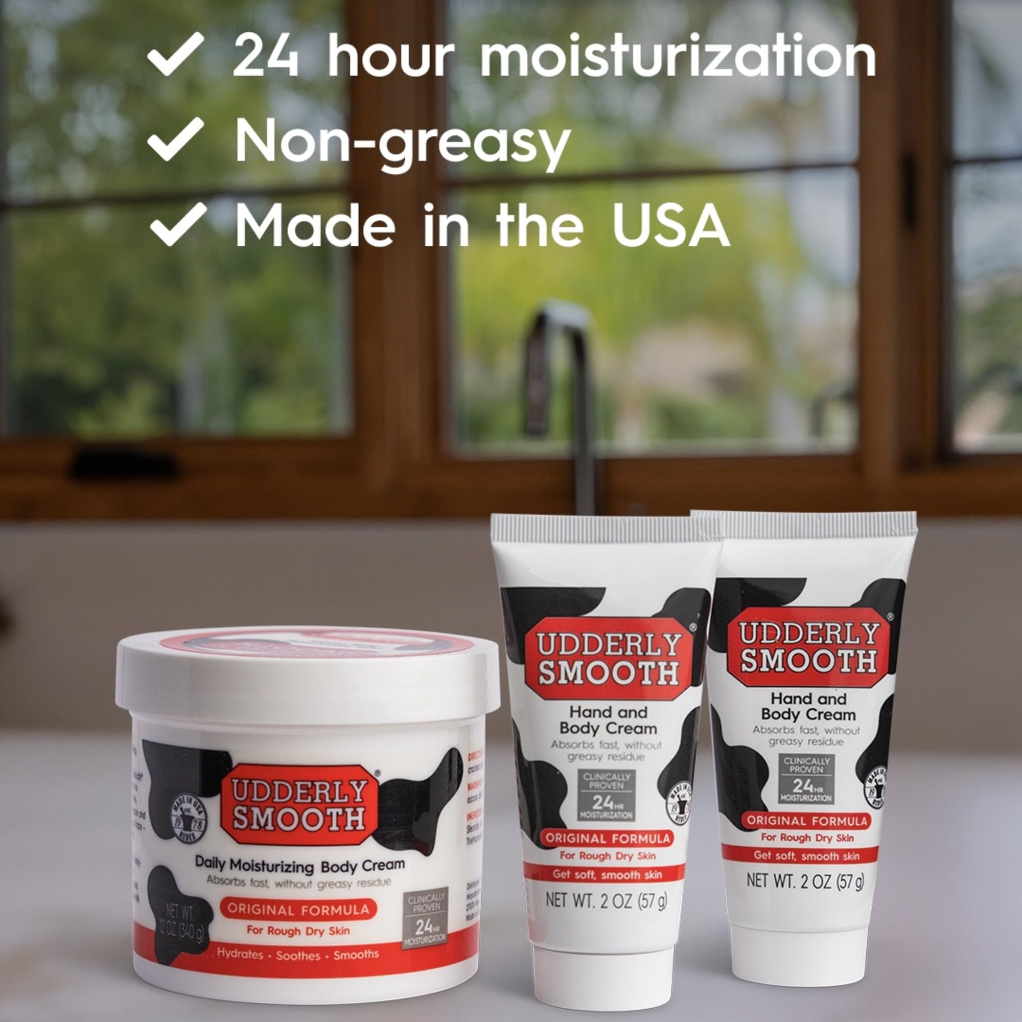 Udderly Smooth hand cream tube close-up highlighting quick absorption