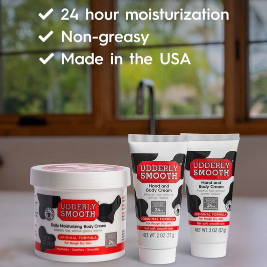 Udderly Smooth hand cream tube close-up highlighting quick absorption