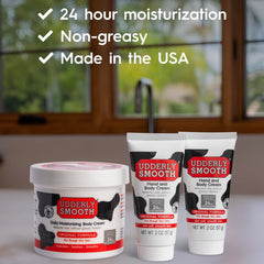 Udderly Smooth hand cream tube close-up highlighting quick absorption