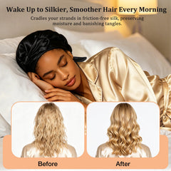 Udefineit model sleeping with wrap cap demonstrating overnight frizz control