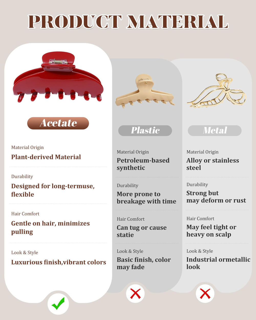 Ufgin red acetate two small claw clips detailed view for versatility