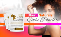 Uhuru Naturals ChadianChebe in a bathroom styling scene showing real-life routine benefit