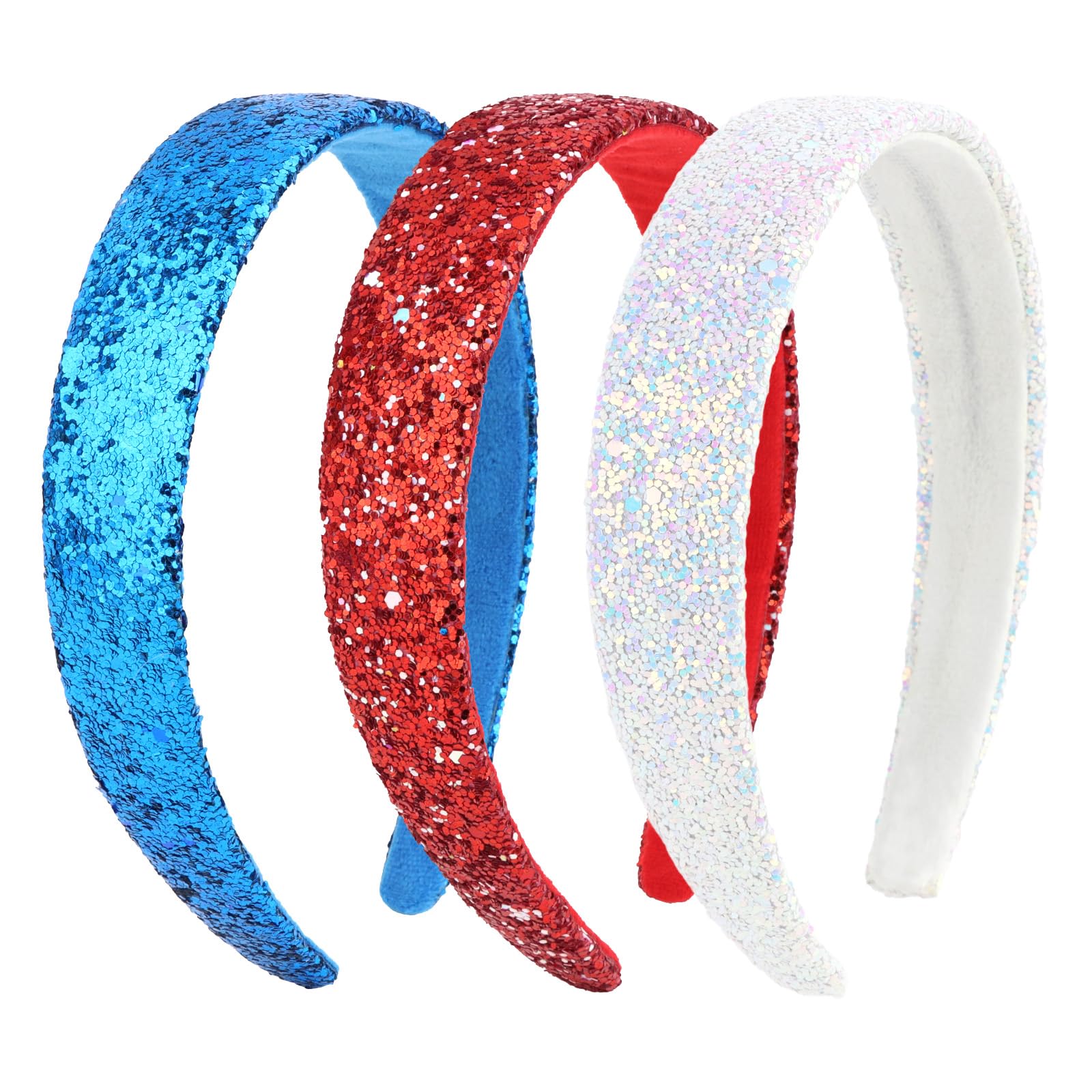 Uintoon front view of three red white blue headbands showing festive colors and sparkle