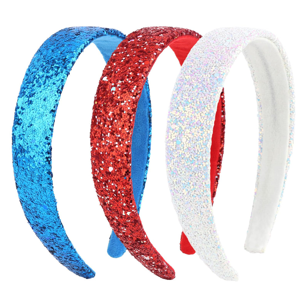 Uintoon front view of three red white blue headbands showing festive colors and sparkle