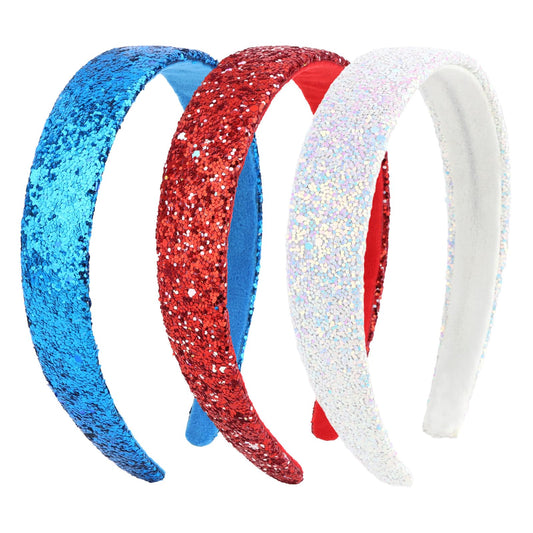 Uintoon front view of three red white blue headbands showing festive colors and sparkle