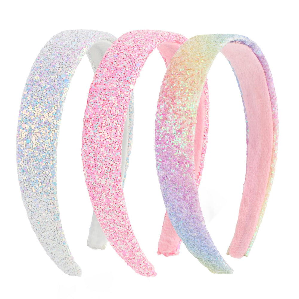 Uintoon front view of three glitter headbands showing colors and sparkle benefits