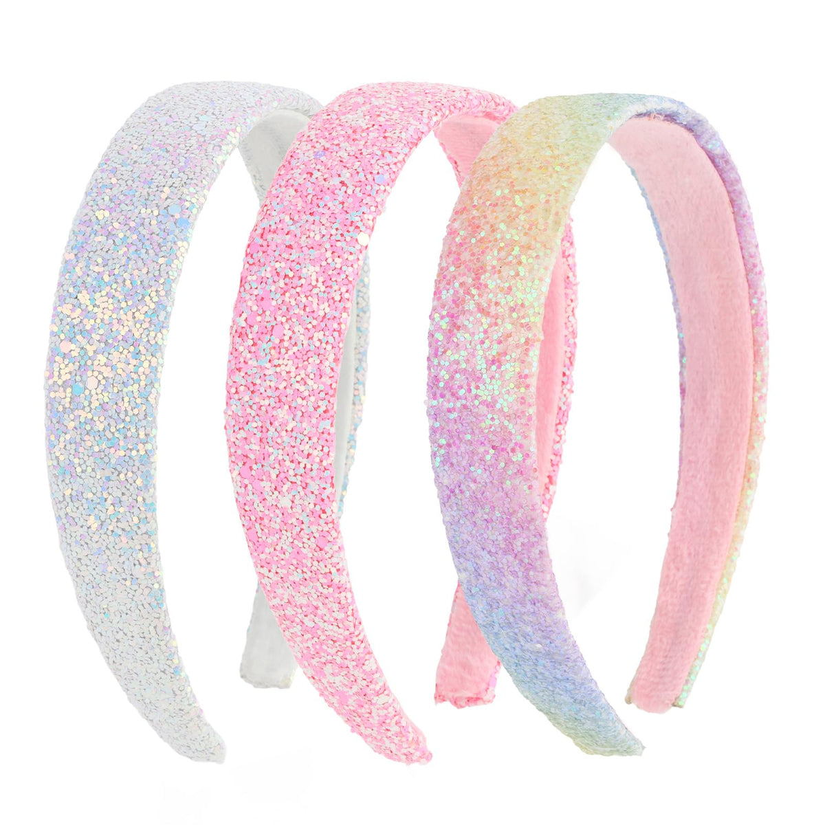 Uintoon front view of three glitter headbands showing colors and sparkle benefits