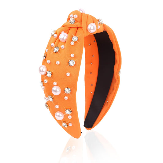 Uintoon orange headband front view showing elegant pearls and comfortable fit