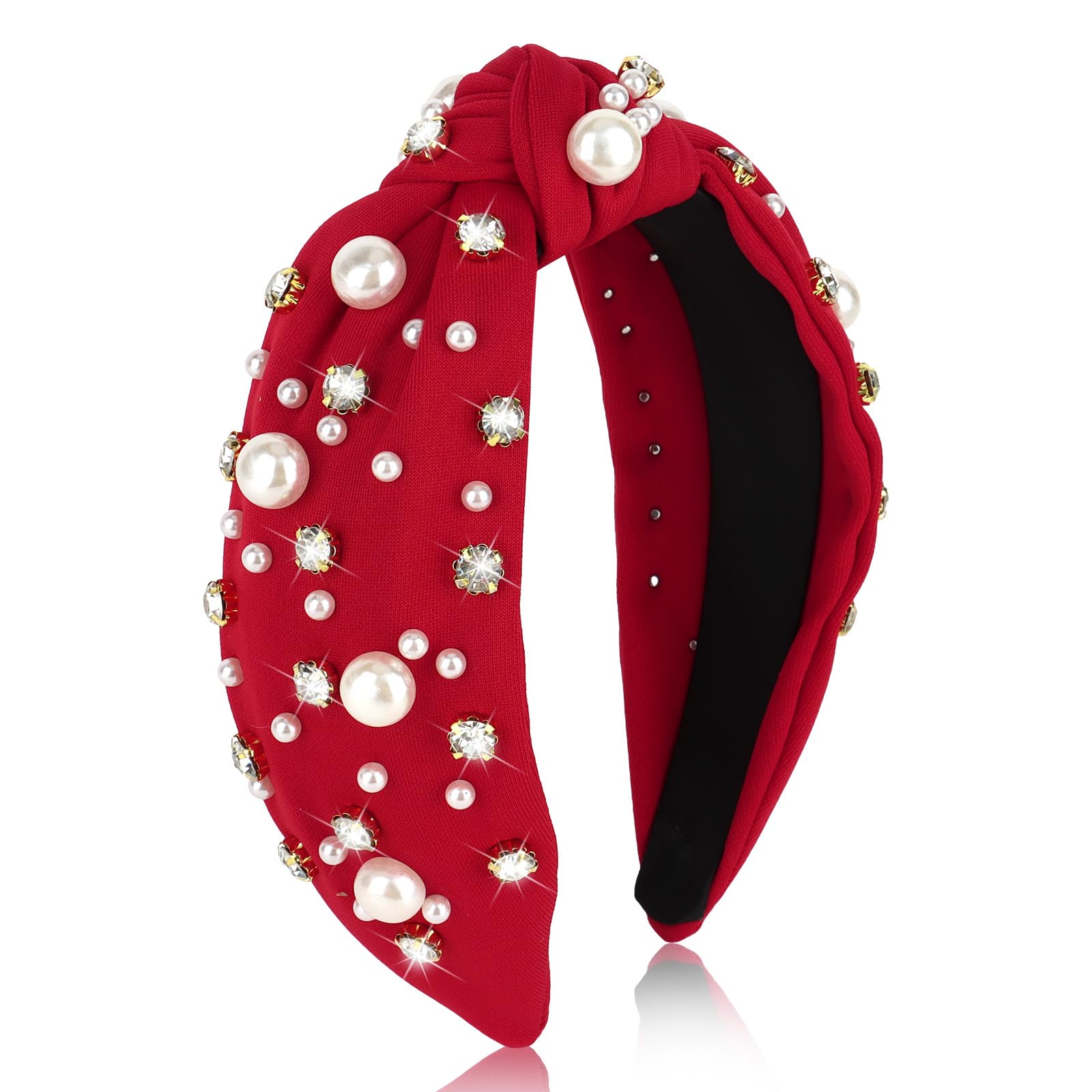 Uintoon red pearl headband front view showing elegant sparkle and comfortable fit