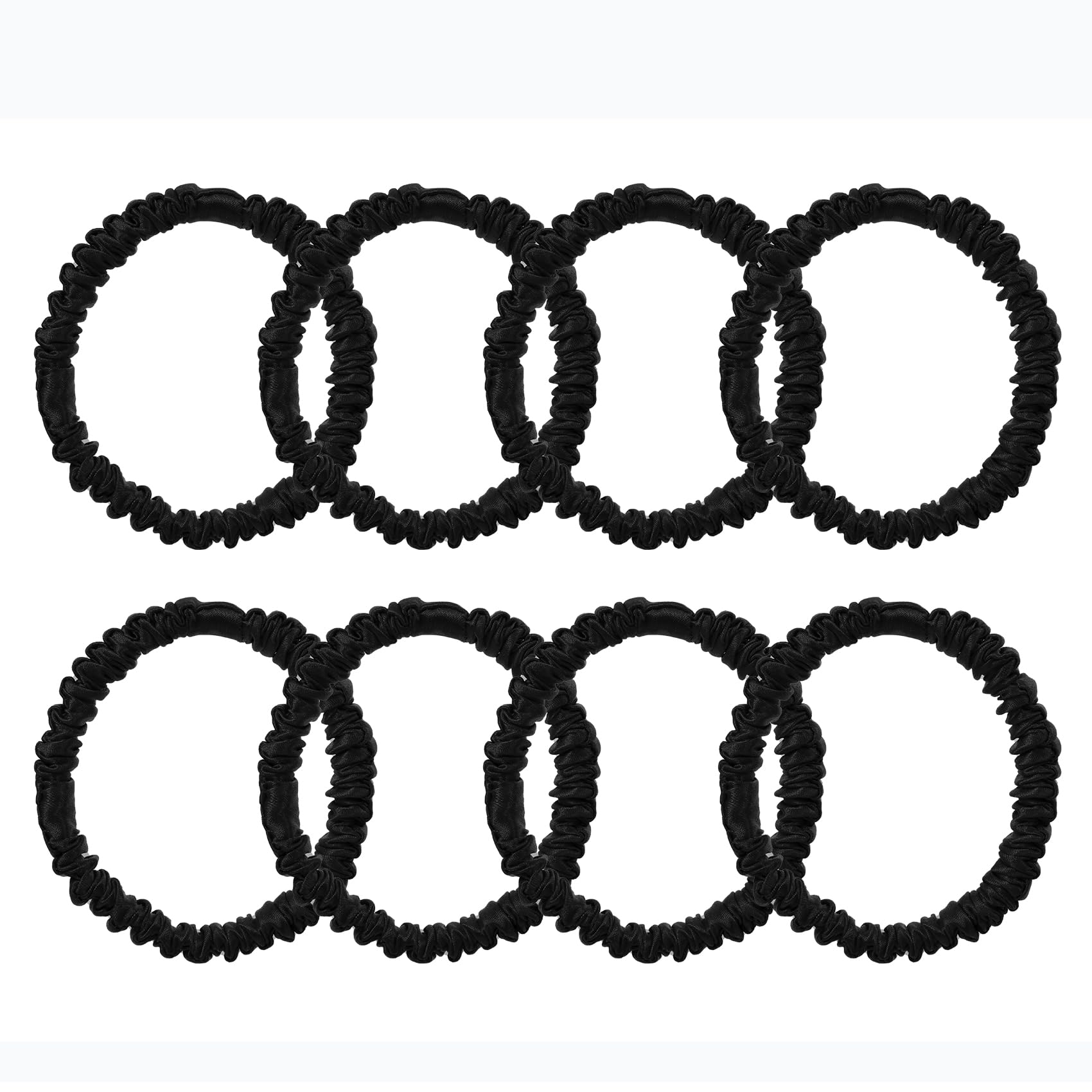 Uisgong front packaging showing eight black silk scrunchies, elegant and versatile
