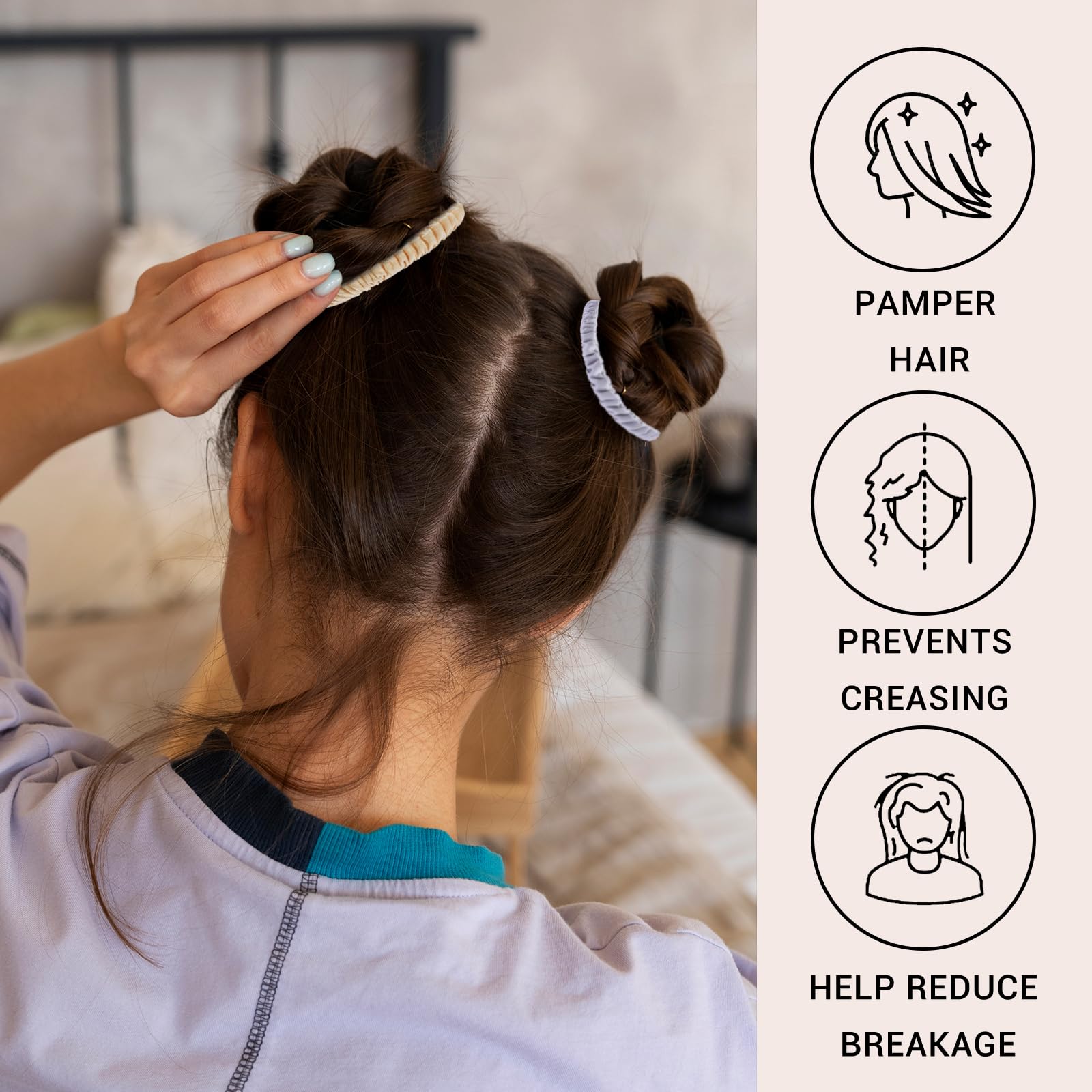 Uisgong scrunchie styled on ponytail, sleek look and reduced frizz benefit