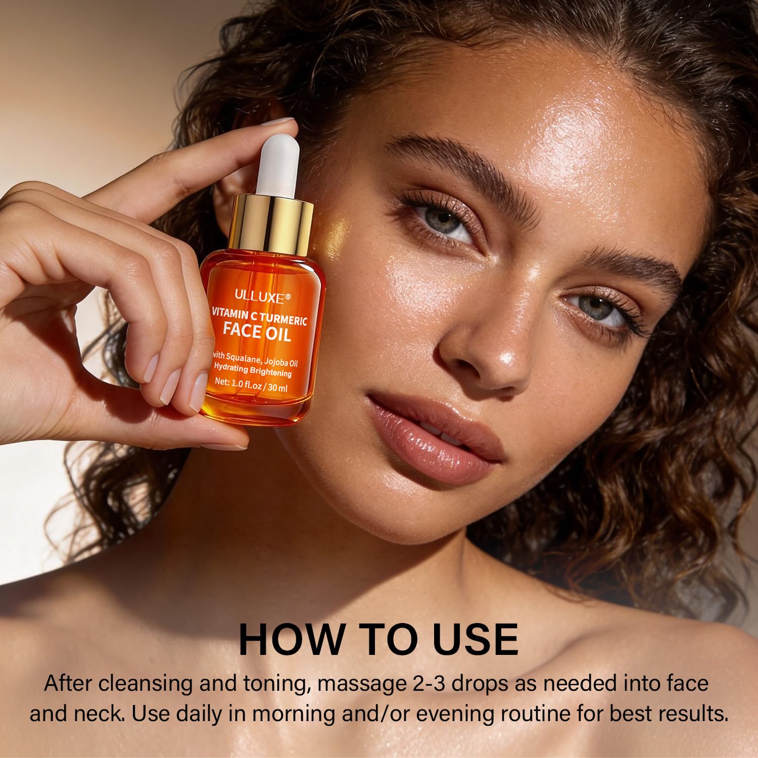 ulluxe applying oil to cheek, demonstrates smooth absorption and hydration benefit