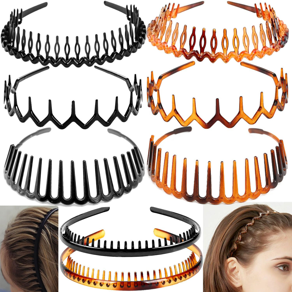 ULTIMUTE front view of eight black and amber headbands showing set and colors benefits secure hold