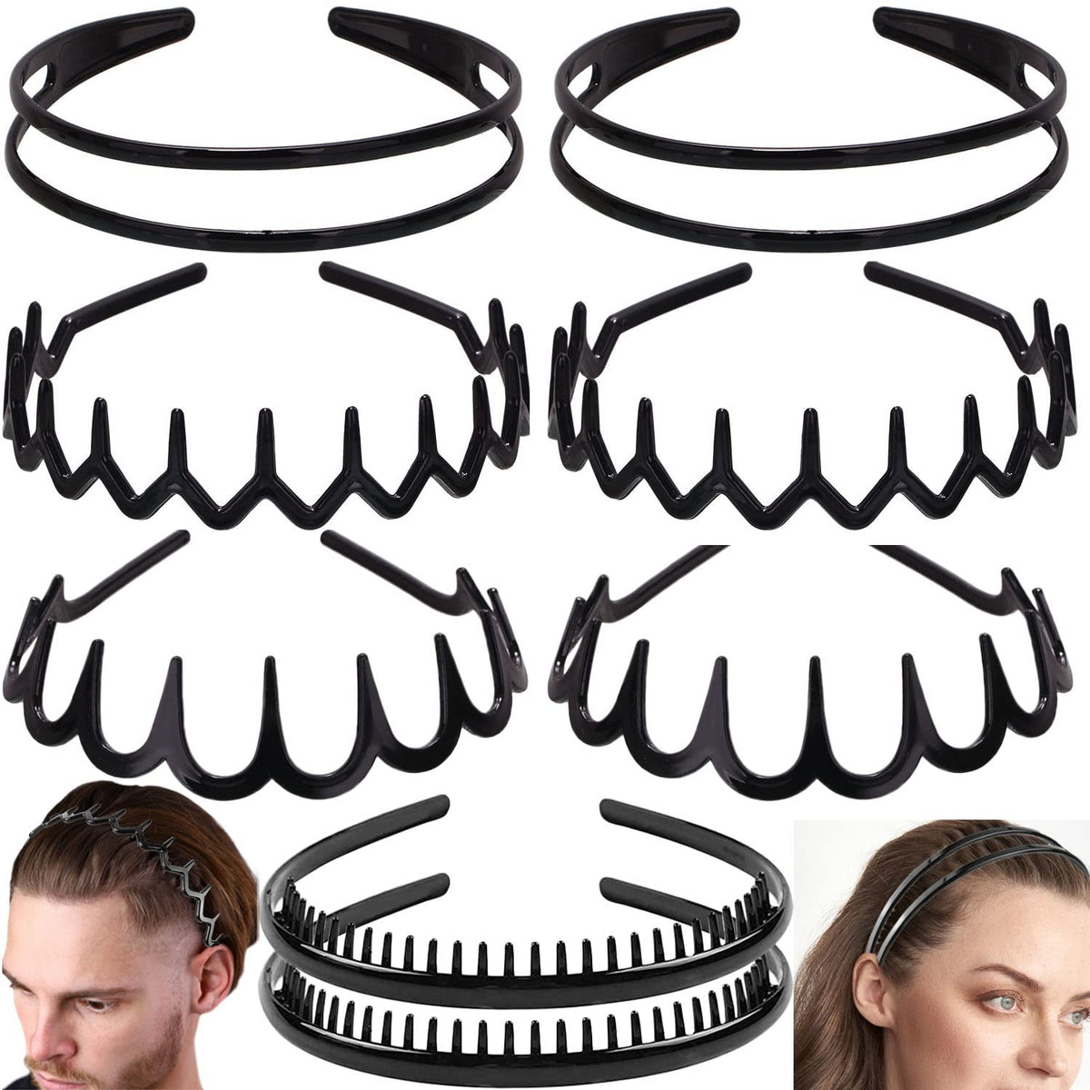 ULTIMUTE front view of eight lacquered black headbands showing neat package and benefit of variety