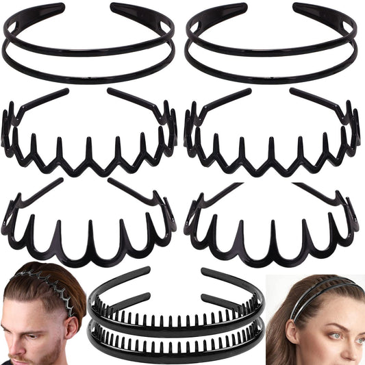 ULTIMUTE front view of eight lacquered black headbands showing neat package and benefit of variety