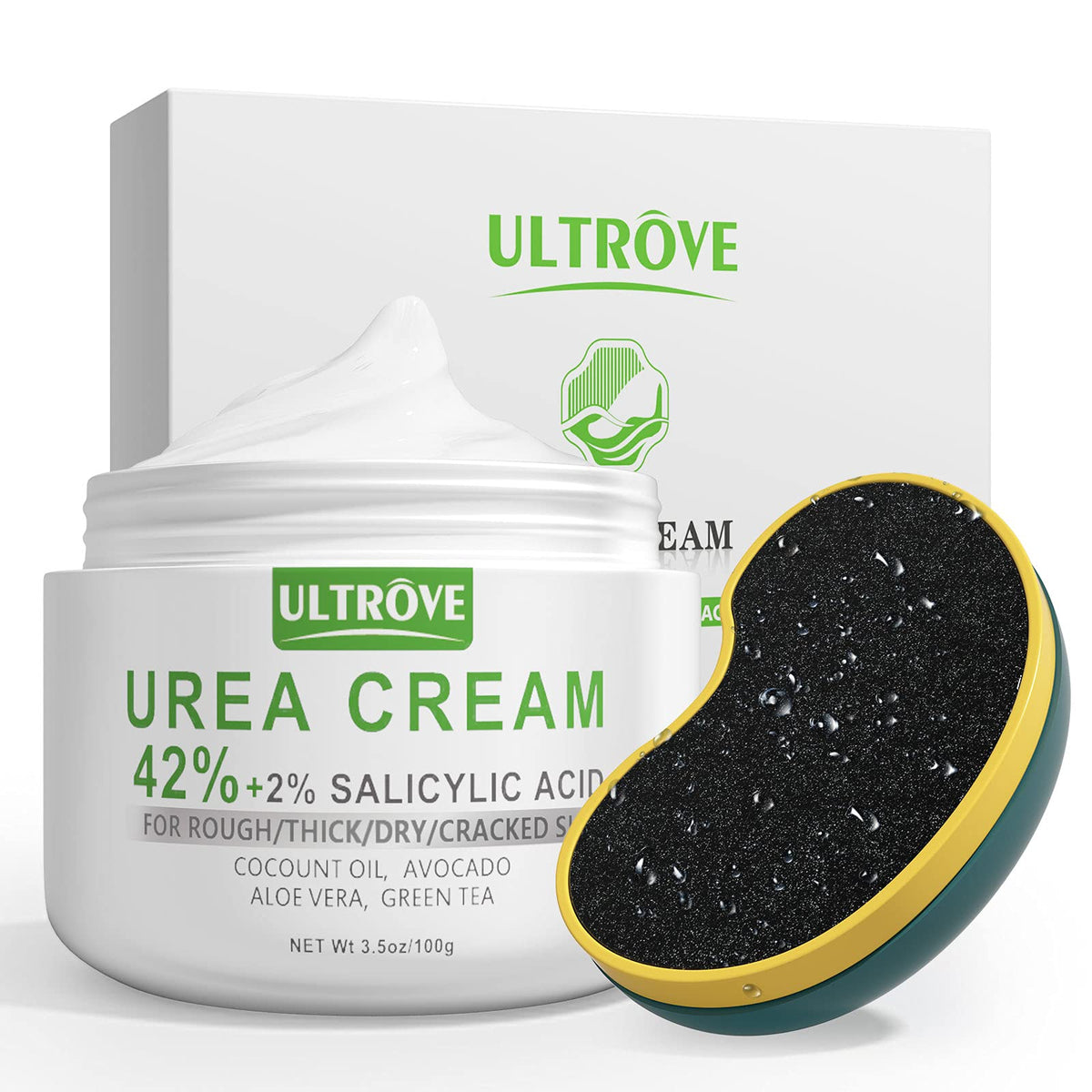 Ultrove front packaging showing tube and foot file, promotes easy home foot care