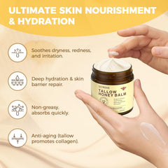 Ultrove ingredients flatlay with grass-fed tallow and raw wild honey for natural benefits