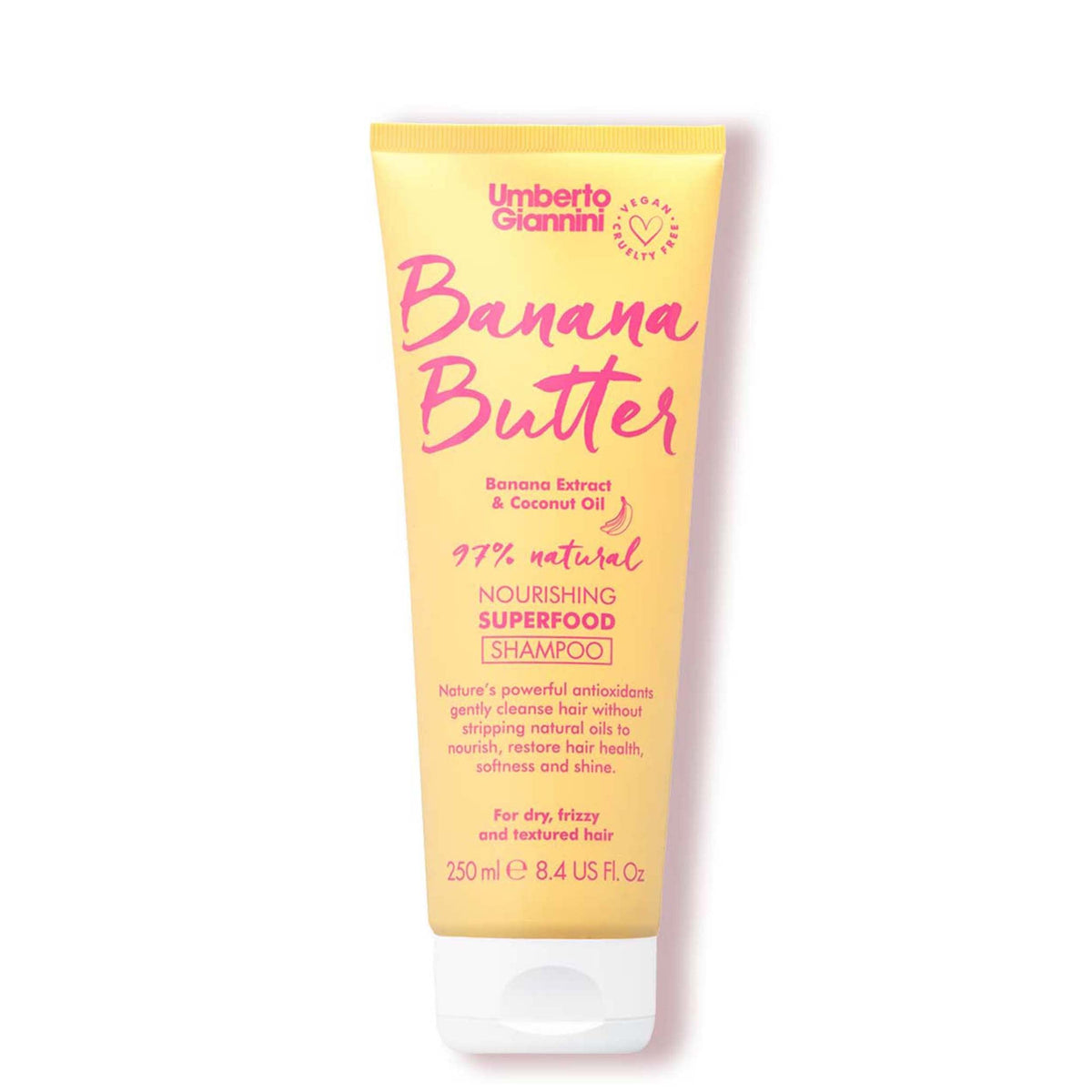 Umberto Giannini front bottle shot showing banana butter shampoo benefits