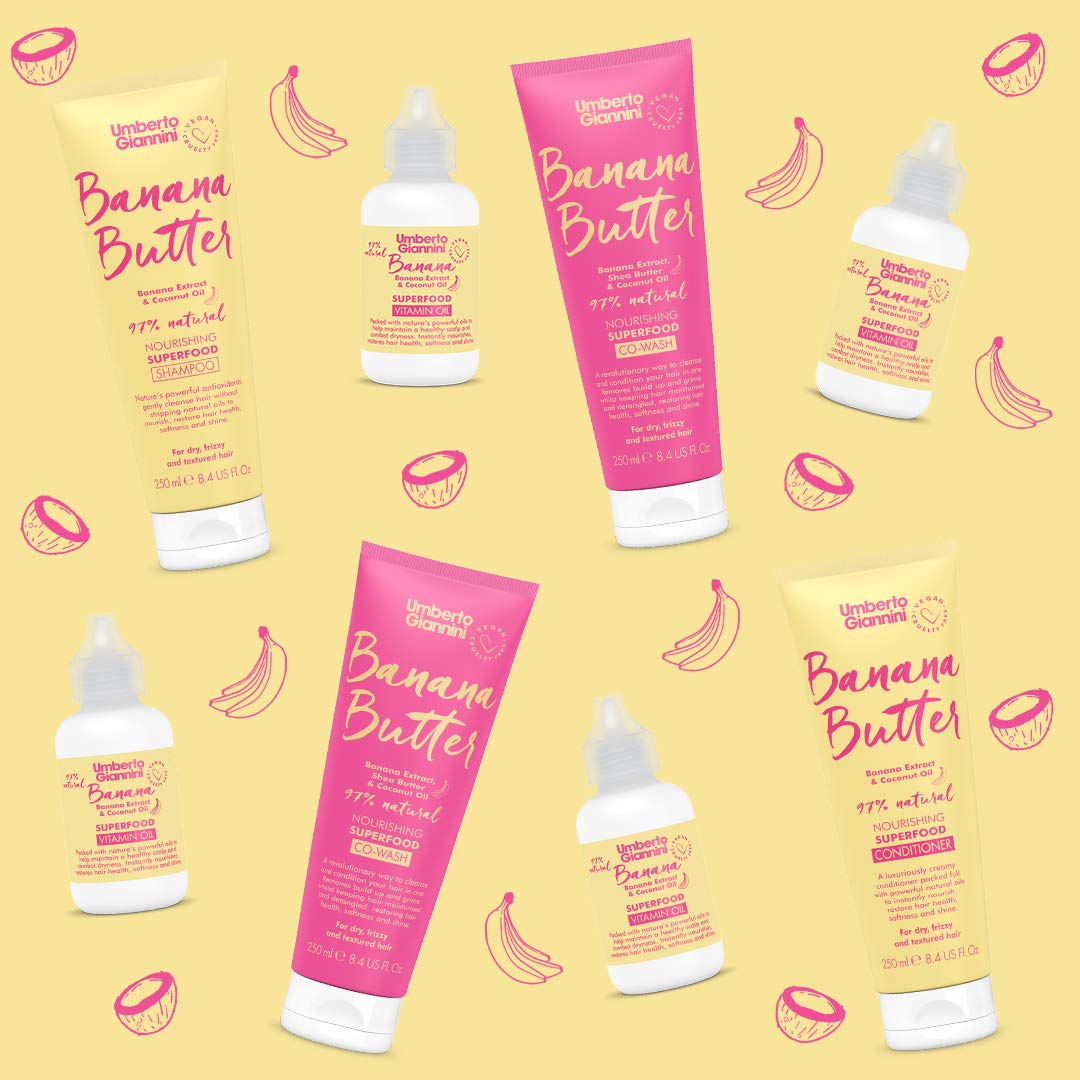 Umberto Giannini shampoo on bathroom shelf styled for lifestyle appeal