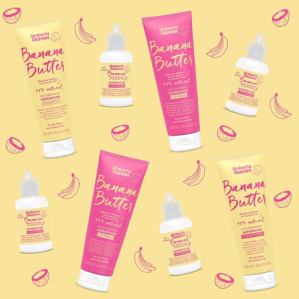 Umberto Giannini shampoo on bathroom shelf styled for lifestyle appeal