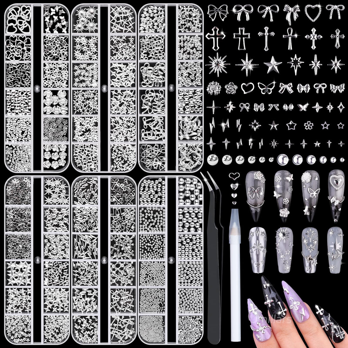 Umillars front packaging showing six silver charm boxes and included tools for easy selection