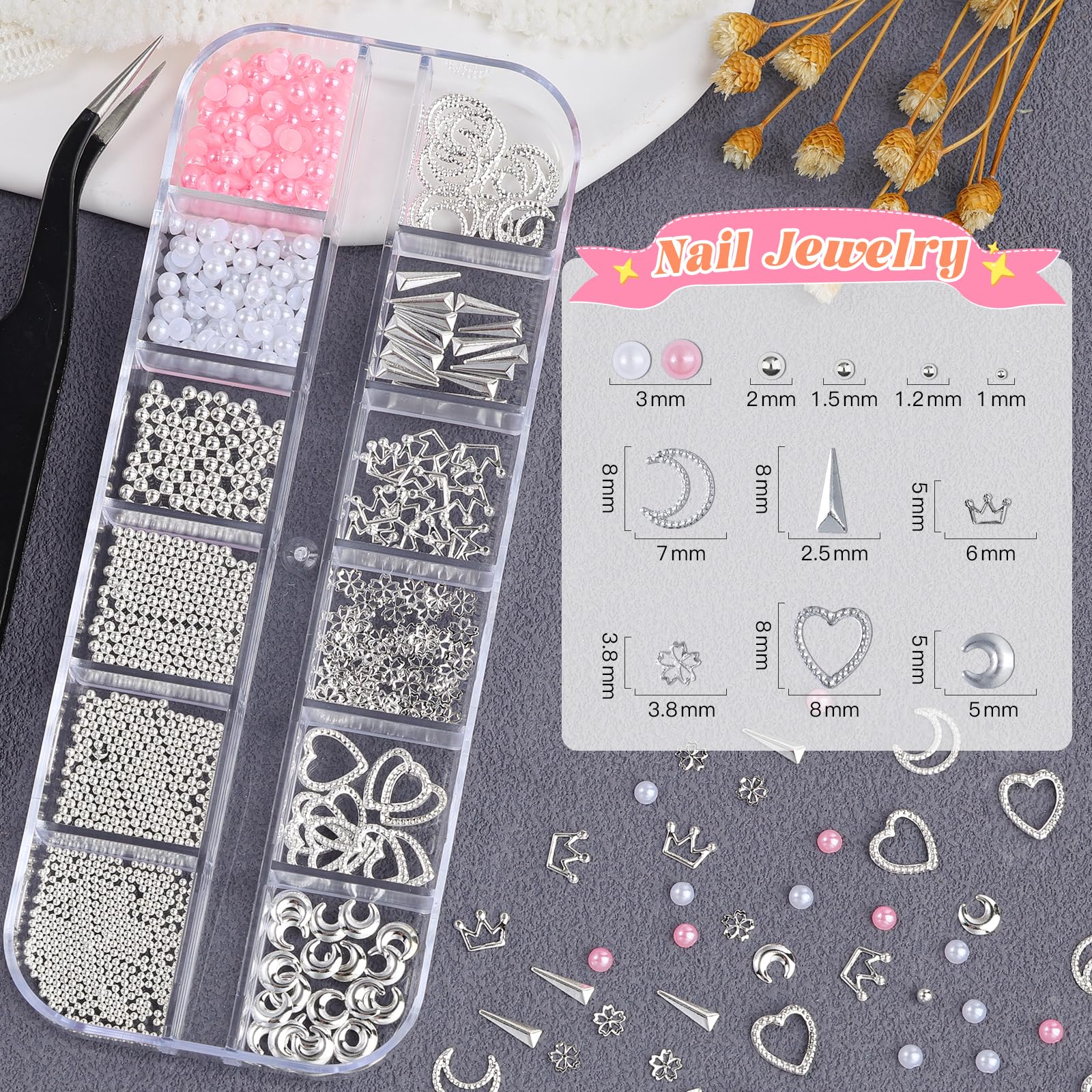 Umillars mixed rhinestones and pearls layout showing size variety for versatile designs benefit
