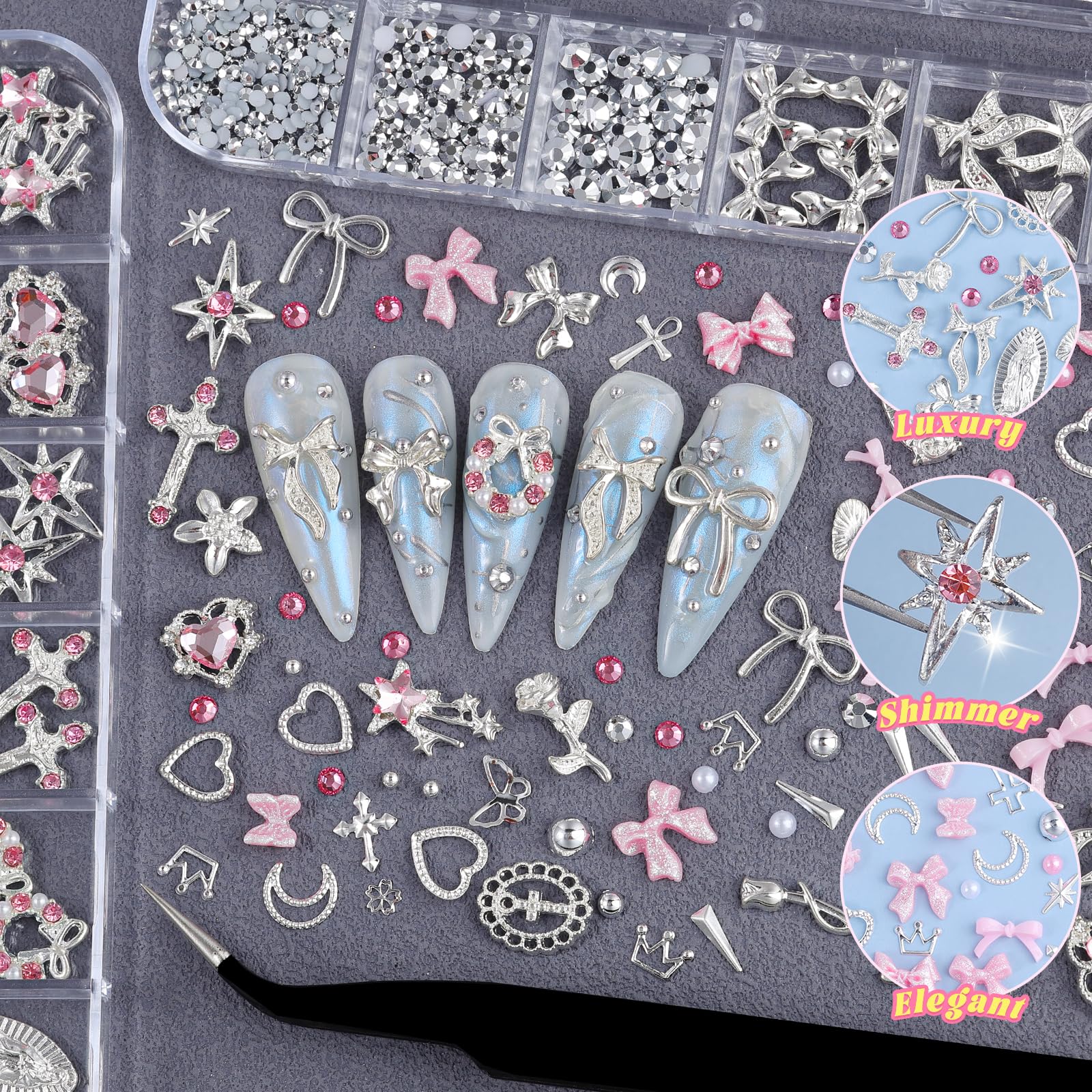 Umillars charms on a fingertip for scale showing realistic sizing on nails benefit