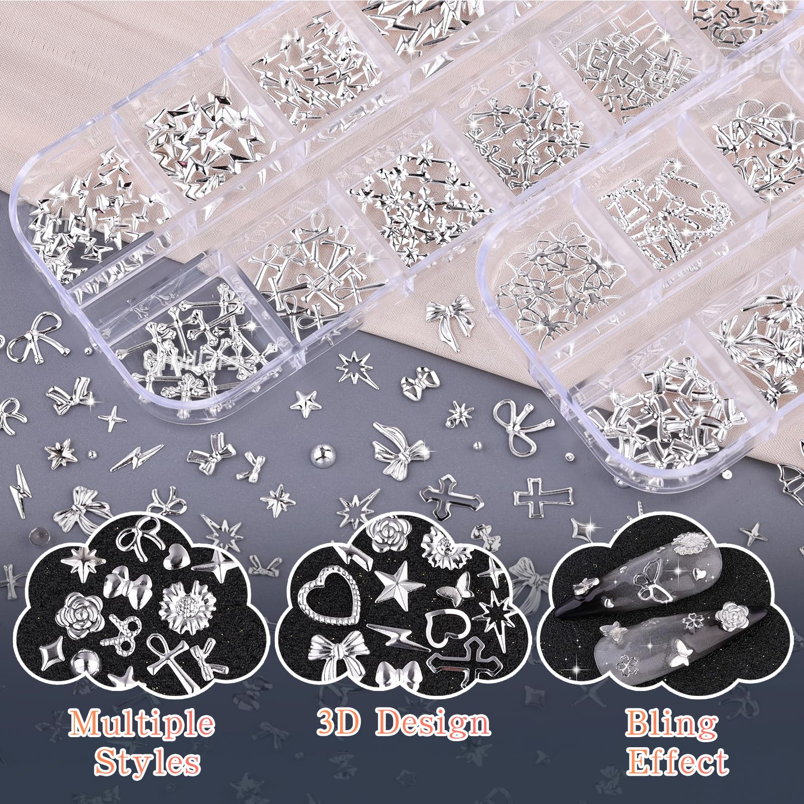 Umillars scale comparison on fingers demonstrating charm sizes and realistic fitting on nails
