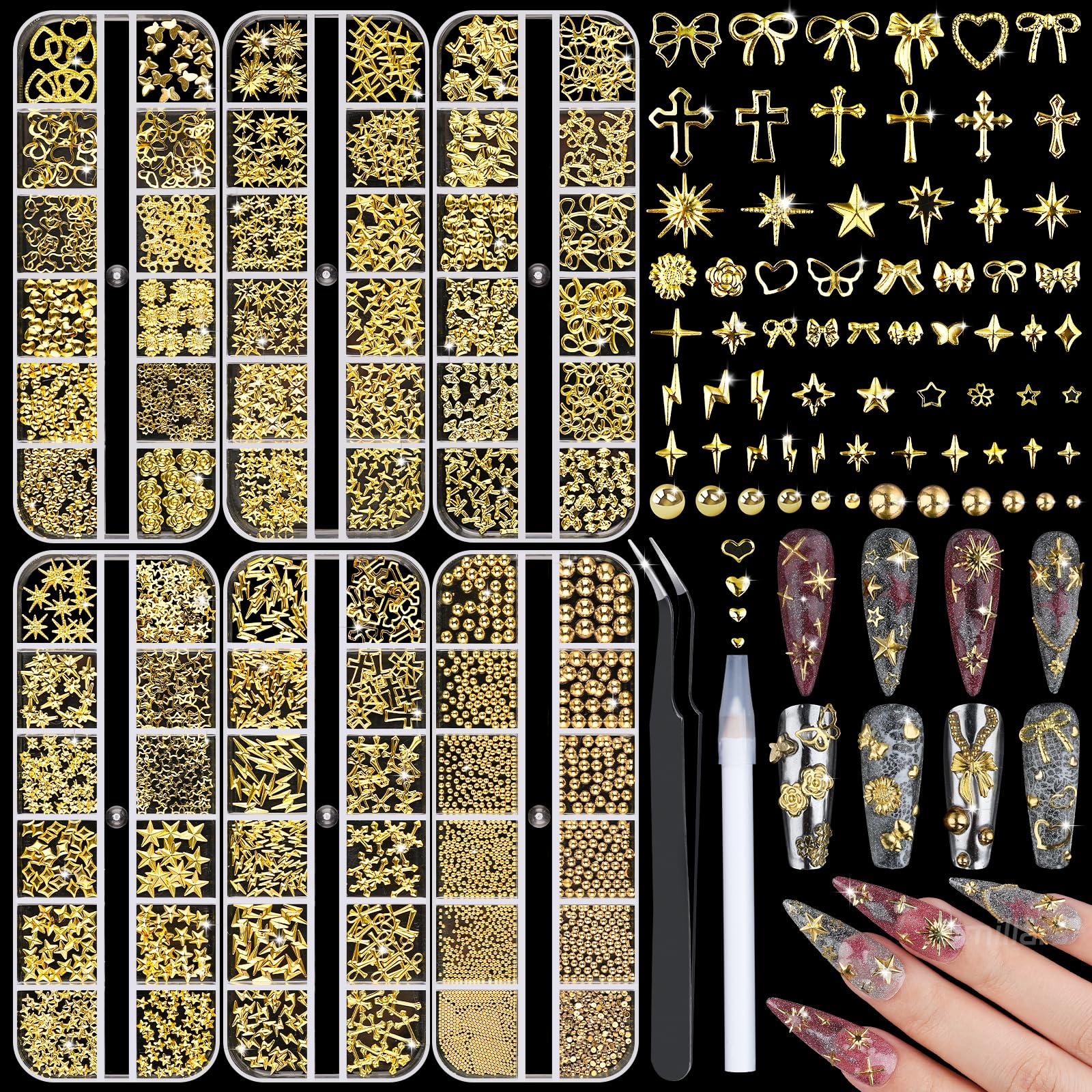 Umillars front view of six-box gold nail charms kit showing variety