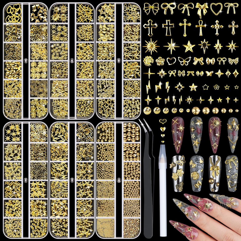 Umillars front view of six-box gold nail charms kit showing variety