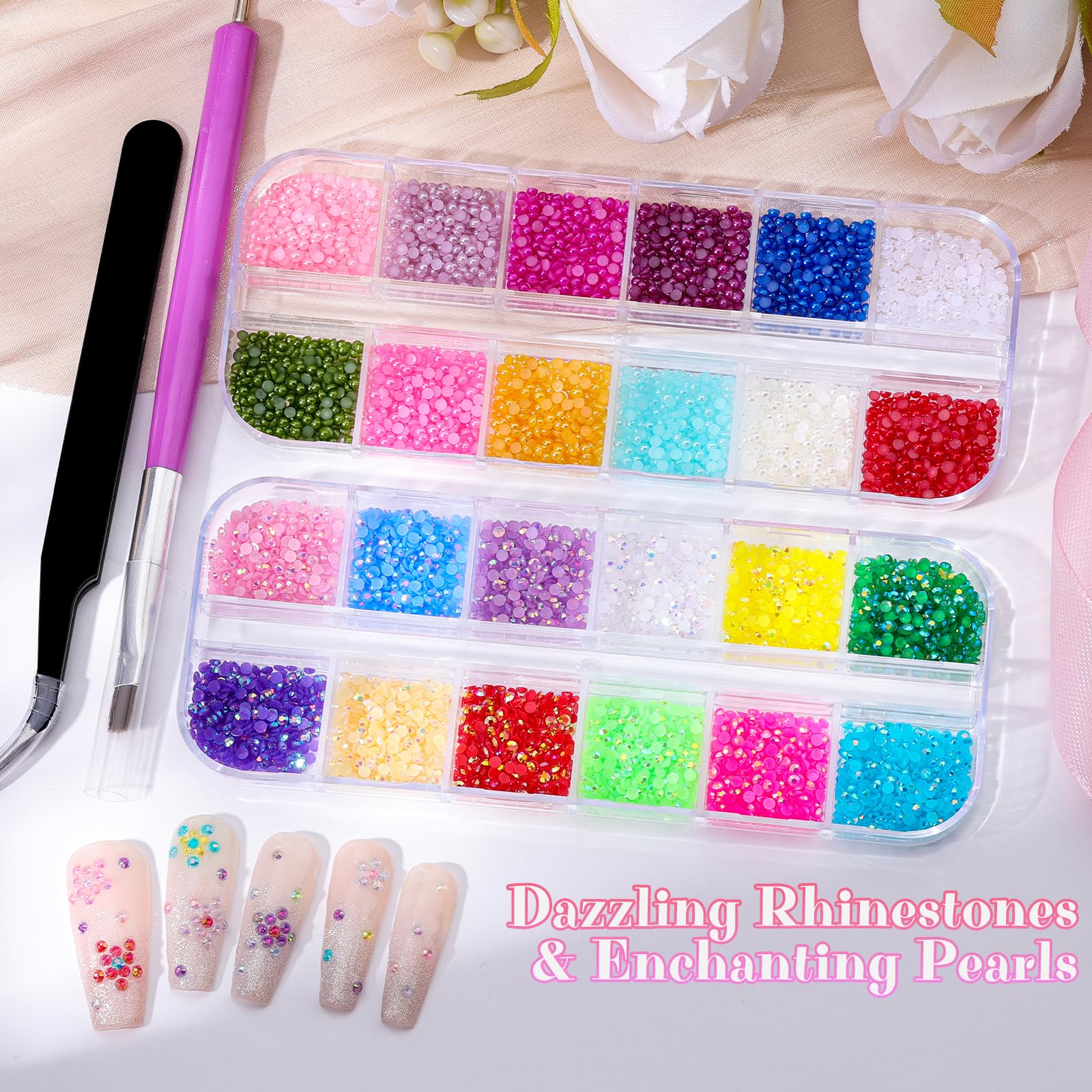 Umillars tweezer and brush tools included to place small rhinestones precisely